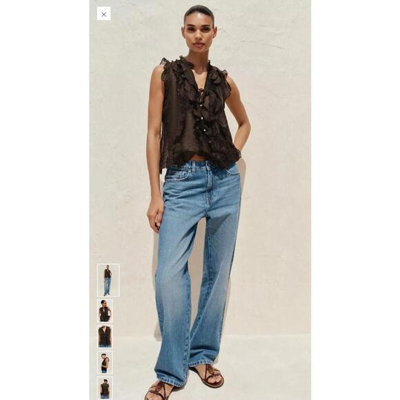NWT Zara Women's SEMI-SHEER TOP WITH RUFFLES Brown Size S - Picture 2 of 8